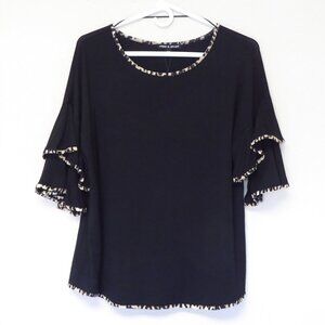 New with tags Cable and Gauge black leopard print trim ruffle sleeve top size M